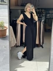 Sifir Kol Sirt Bagcikli Yirtmaçli Elbise
