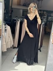 Önü Büzgülü V Yaka Maxi Elbise