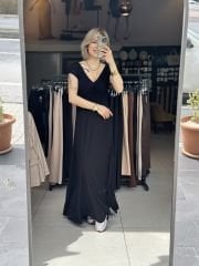 Önü Büzgülü V Yaka Maxi Elbise