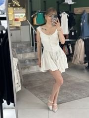 Sortlu Ham Keten Mini Elbise