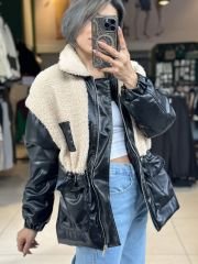 Peluş Geçişli Deri Mont