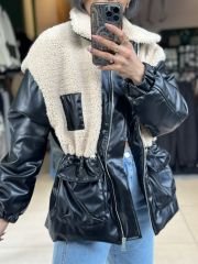 Peluş Geçişli Deri Mont