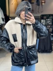 Peluş Geçişli Deri Mont