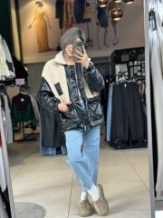 Peluş Geçişli Deri Mont