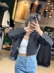 Çizgili Garnili Premium Crop Blazer Ceket