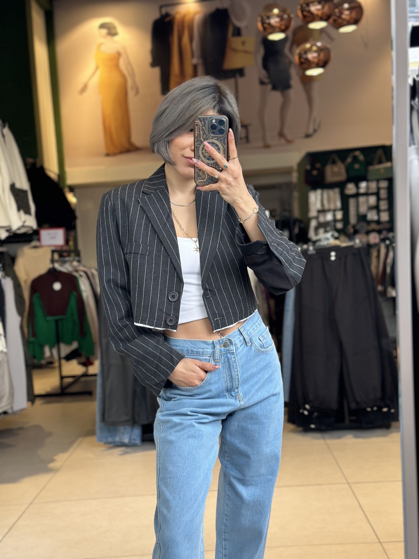 Çizgili Garnili Premium Crop Blazer Ceket