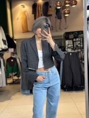 Çizgili Garnili Premium Crop Blazer Ceket