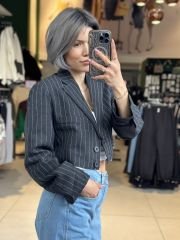 Çizgili Garnili Premium Crop Blazer Ceket