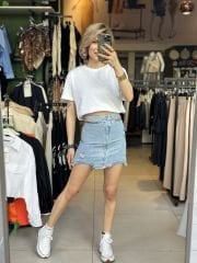 Bel Pencere Detay Yipranmis Mini Kot Etek