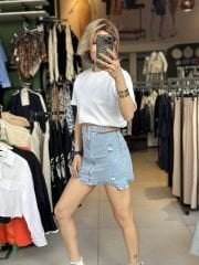 Bel Pencere Detay Yipranmis Mini Kot Etek