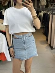 Bel Pencere Detay Yipranmis Mini Kot Etek