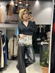 Gümüş Yaldızlı Deri Pantolon