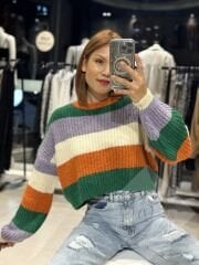 Renkli Çizgili Triko Crop Kazak