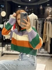 Renkli Çizgili Triko Crop Kazak
