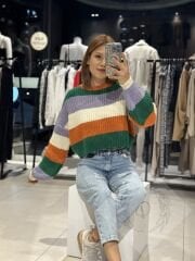 Renkli Çizgili Triko Crop Kazak