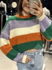 Renkli Çizgili Triko Crop Kazak