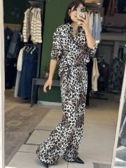 Leopar Desen Saten Gömlek