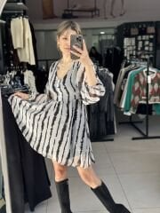 Çizgi Desenli Astarlı Şifon Elbise