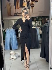 Sandy Kumaş Drapeli Midi Boy Elbise