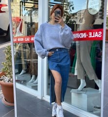 Gri Üç İplik Oversize Kadın Sweatshırt