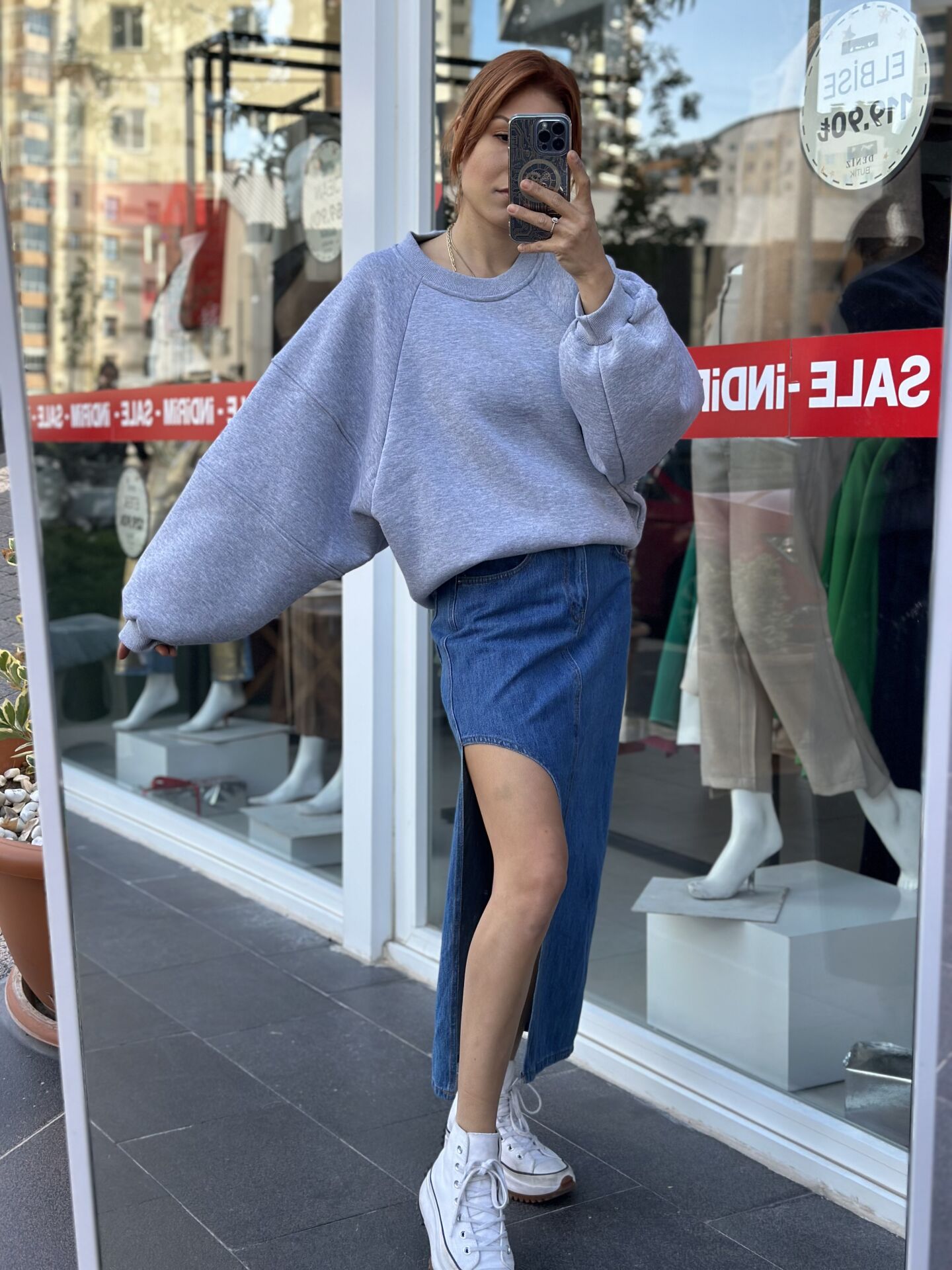 Gri Üç İplik Oversize Kadın Sweatshırt