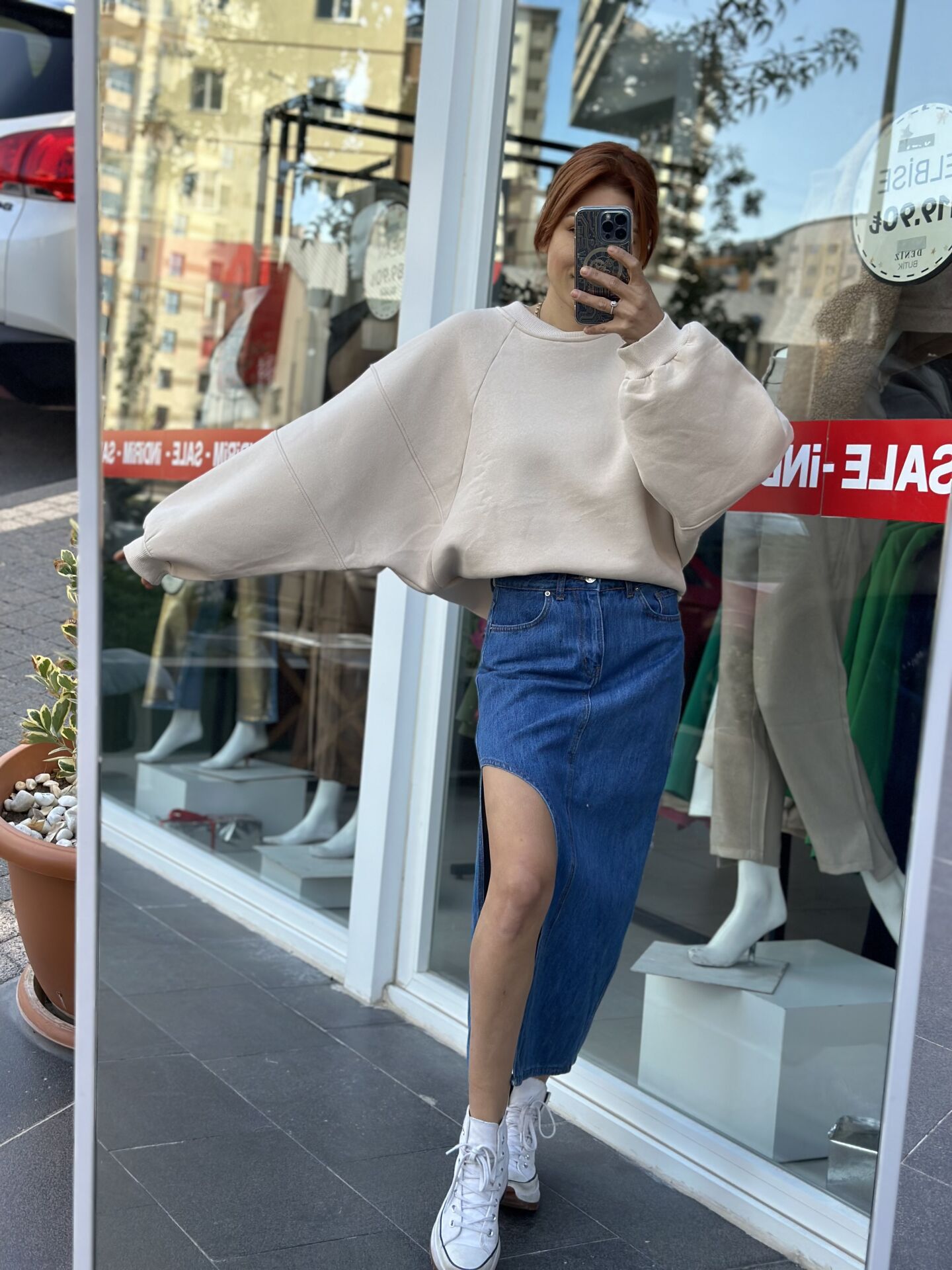 Üç İplik Krem Oversize Kadın Sweatshırt