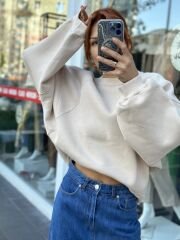 Üç İplik Krem Oversize Kadın Sweatshırt